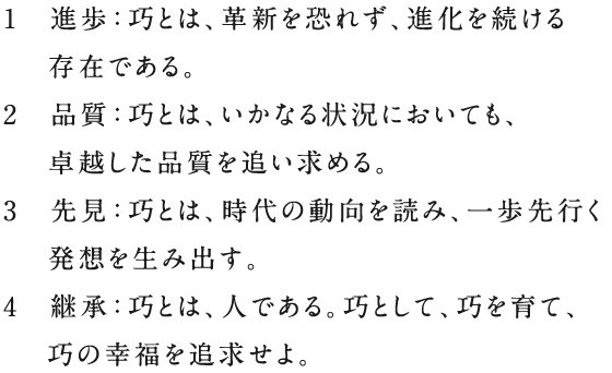 1　進歩：巧とは、革新を恐れず、進化を続ける存在である。2　品質：巧とは、いかなる状況においても、卓越した品質を追い求める。3　先見：巧とは、時代の動向を読み、一歩先行く発想を生み出す。4　継承：巧とは、人である。巧として、巧を育て、巧の幸福を追求せよ。